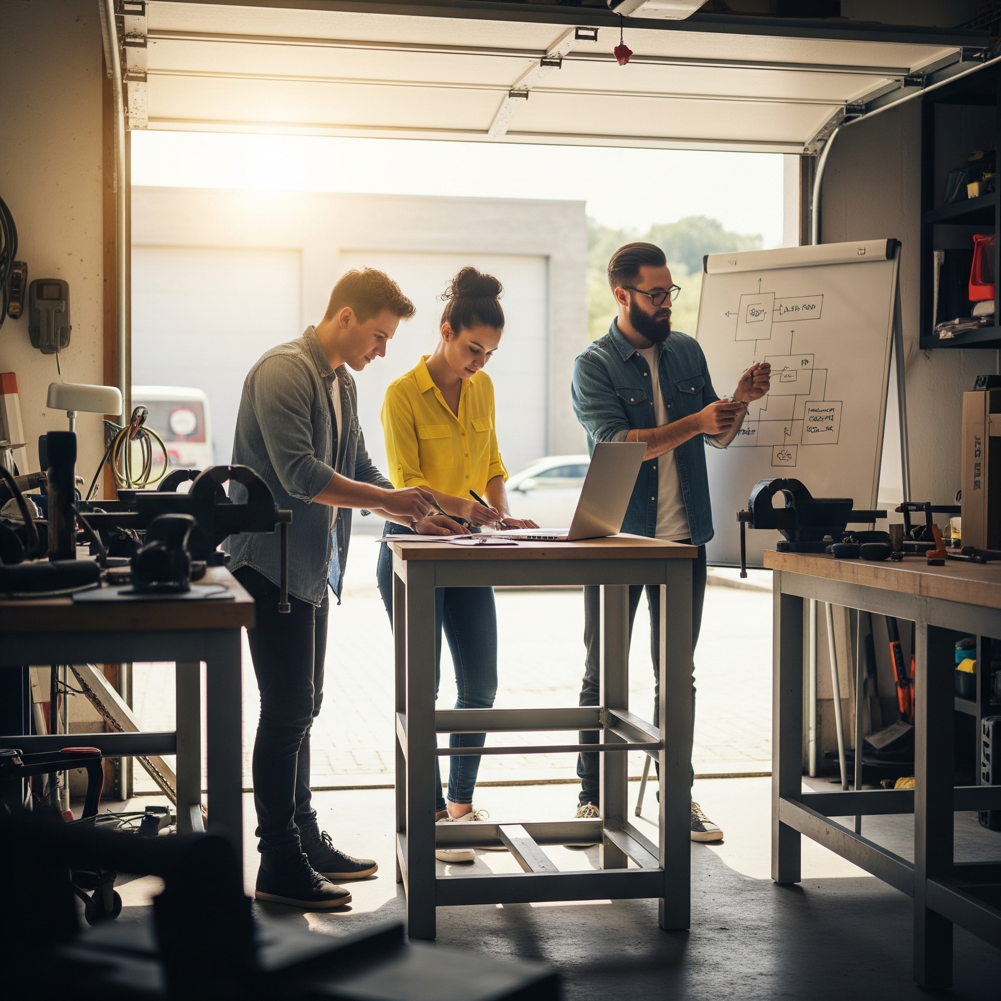 a group of people standing around a whiteboard