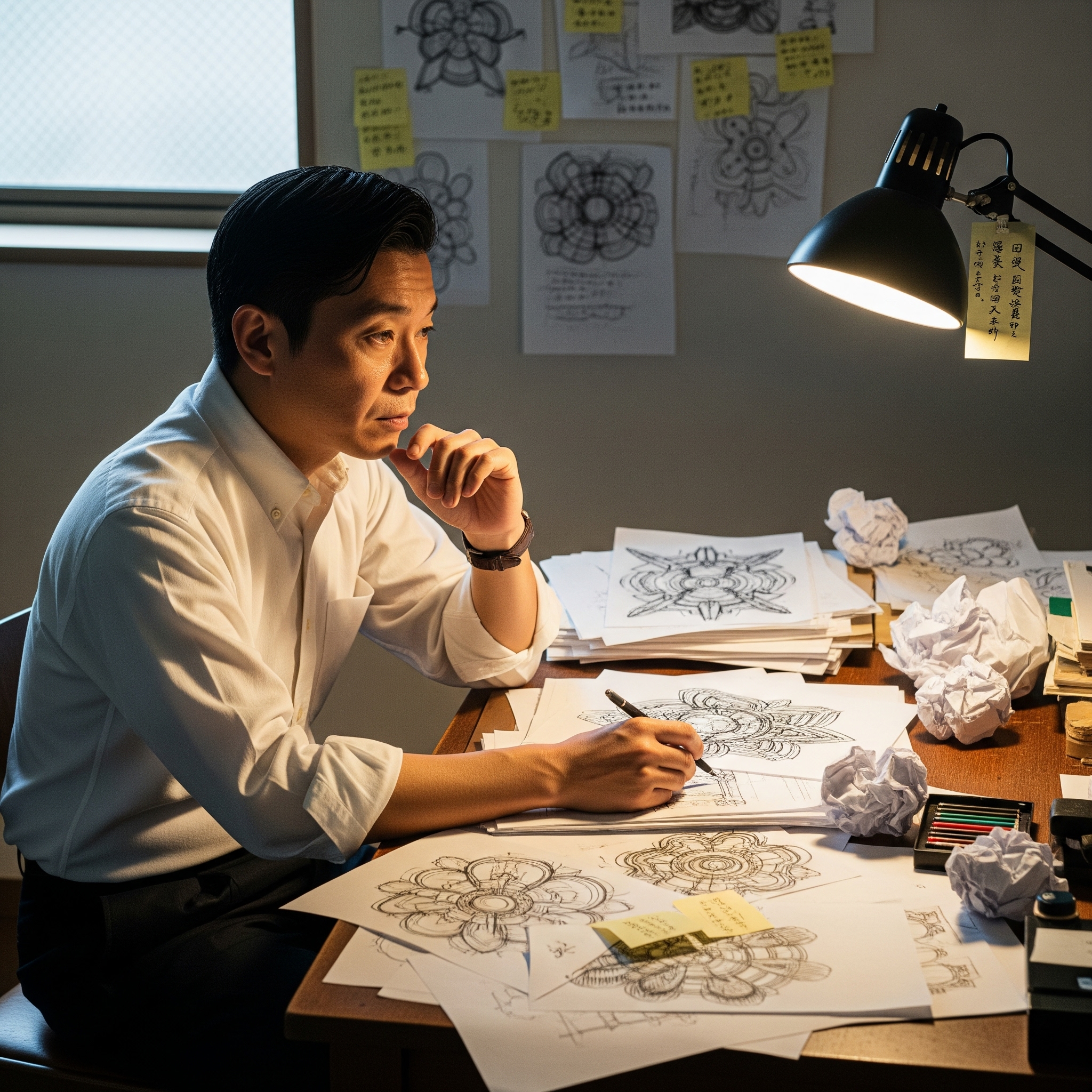 a man sitting at a desk with a desk lamp and paper on it