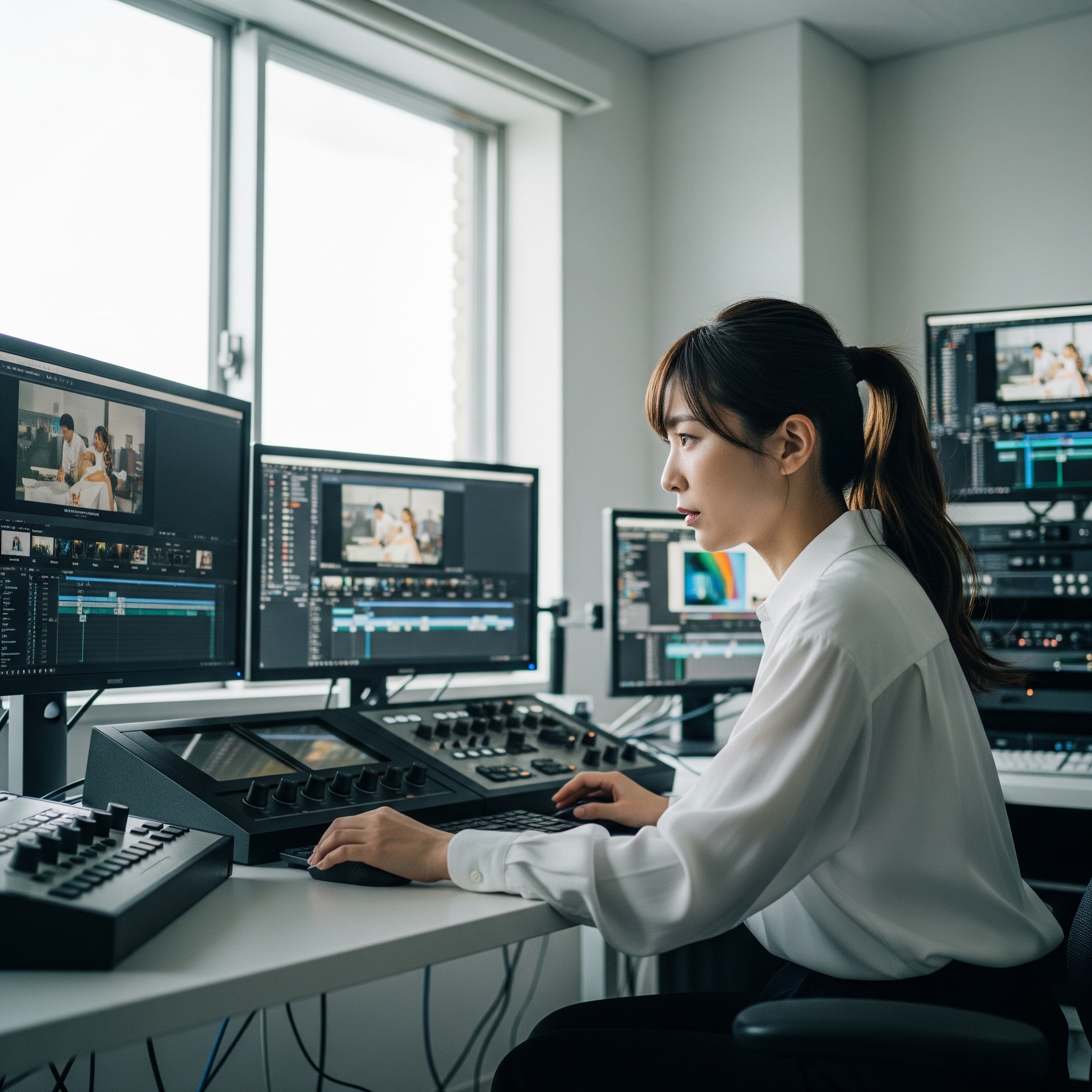 a woman sitting in front of a computer
