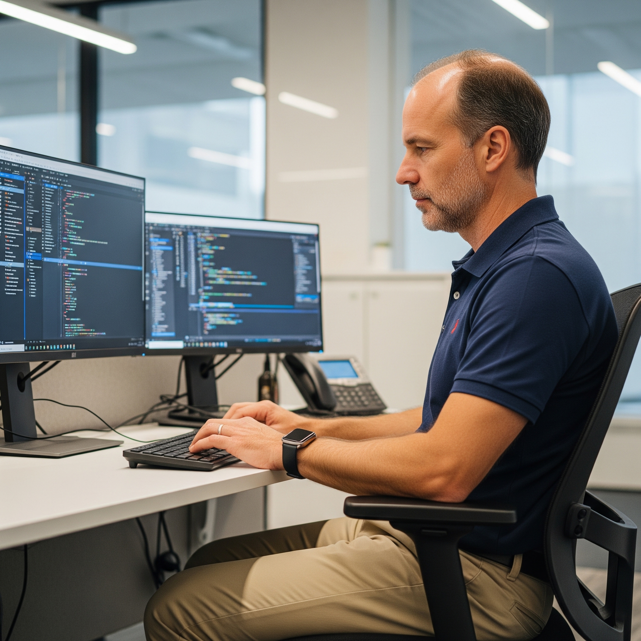 a man sitting at a desk with two computer screens